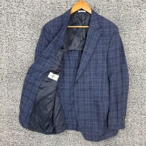 Peter Millar Blazer Mens 42 Long Blue Linen Wool Plaid Check Sport Coat Jacket